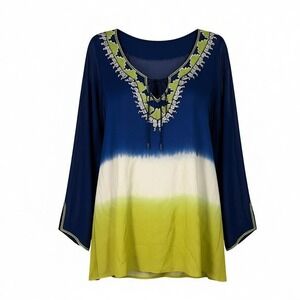 Kay Celine Womens Beaded Boho Tunic Blouse L Blue Green Ombré Sheer Coastel Vaca
